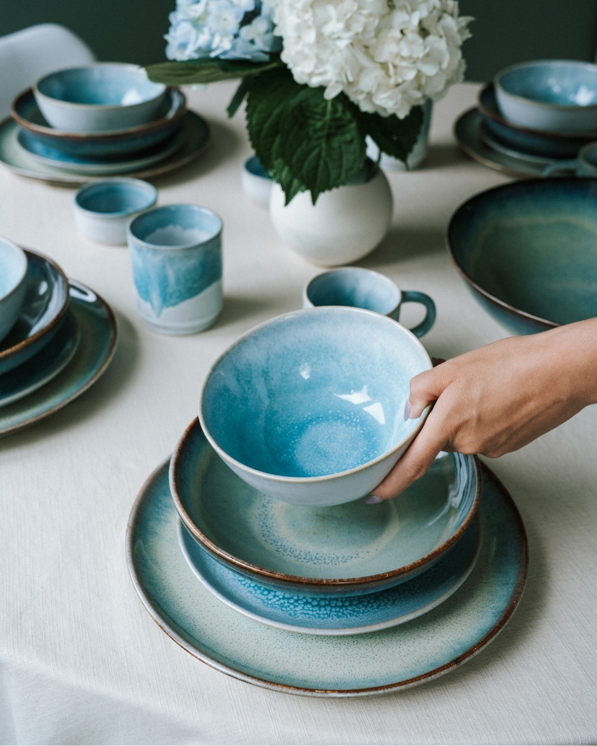 Set di stoviglie Soft Tide aqua e verde-blu 16 pezzi