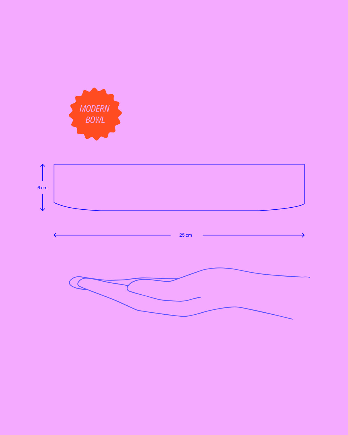Illustration einer modernen Schale mit Maßen 25 cm x 6 cm über einer Hand, violetter Hintergrund.