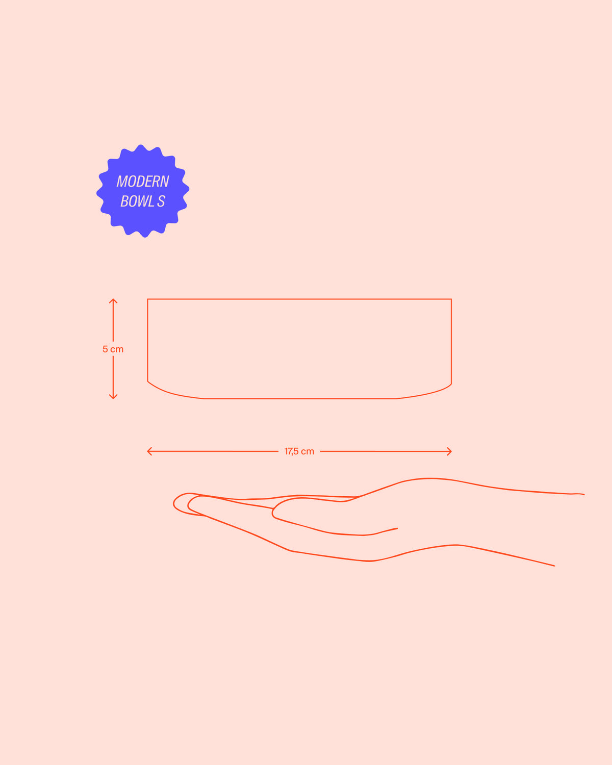 Illustration einer Schale mit den Maßen 17,5 cm Länge und 5 cm Höhe, gehalten von einer Hand, mit Text "Modern Bowl S".