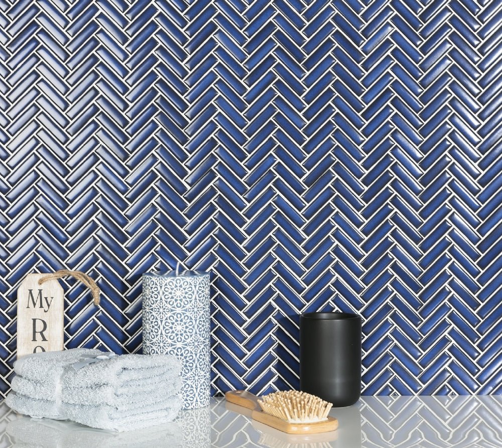 Fishbone Blue Glossy Mosaik - Lhådös Kakel - KakelExpress